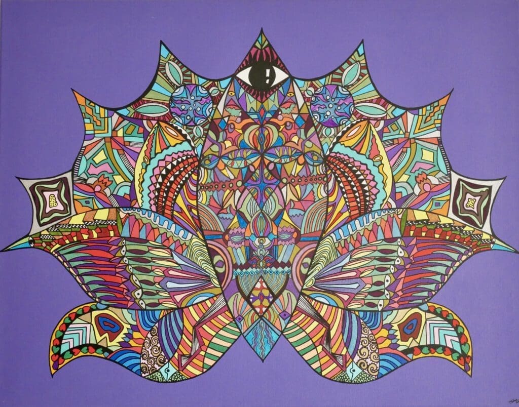 Butterfly-Lotus, 
Acrylic paint and markers on linen (90cm x70cm)