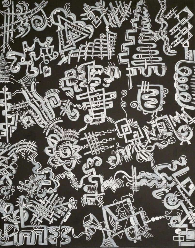 B & W Technology, 
White markers on black cotton (100cm x 80cm)