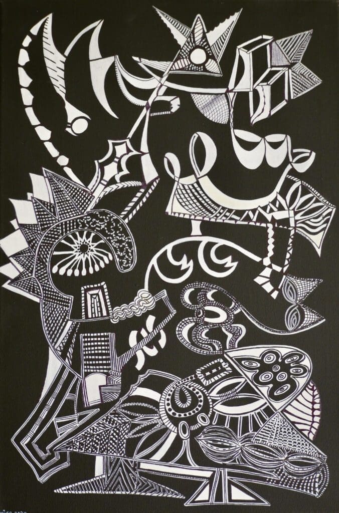 B & W Cockerel, 
White markers on black cotton (60cm x 40cm)