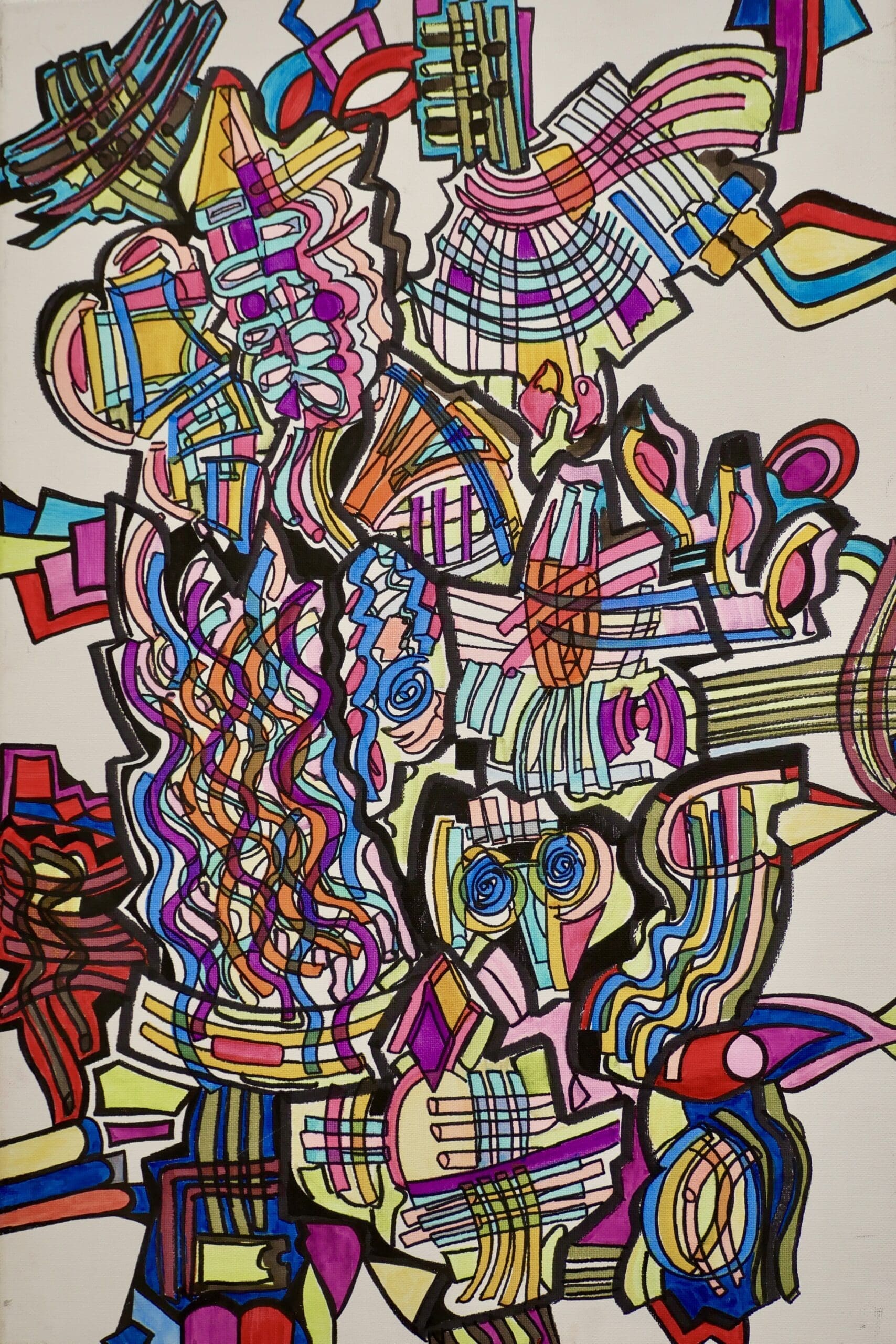 Ribbons, 
Acrylic paint and markers on cotton (60cm x 40cm)