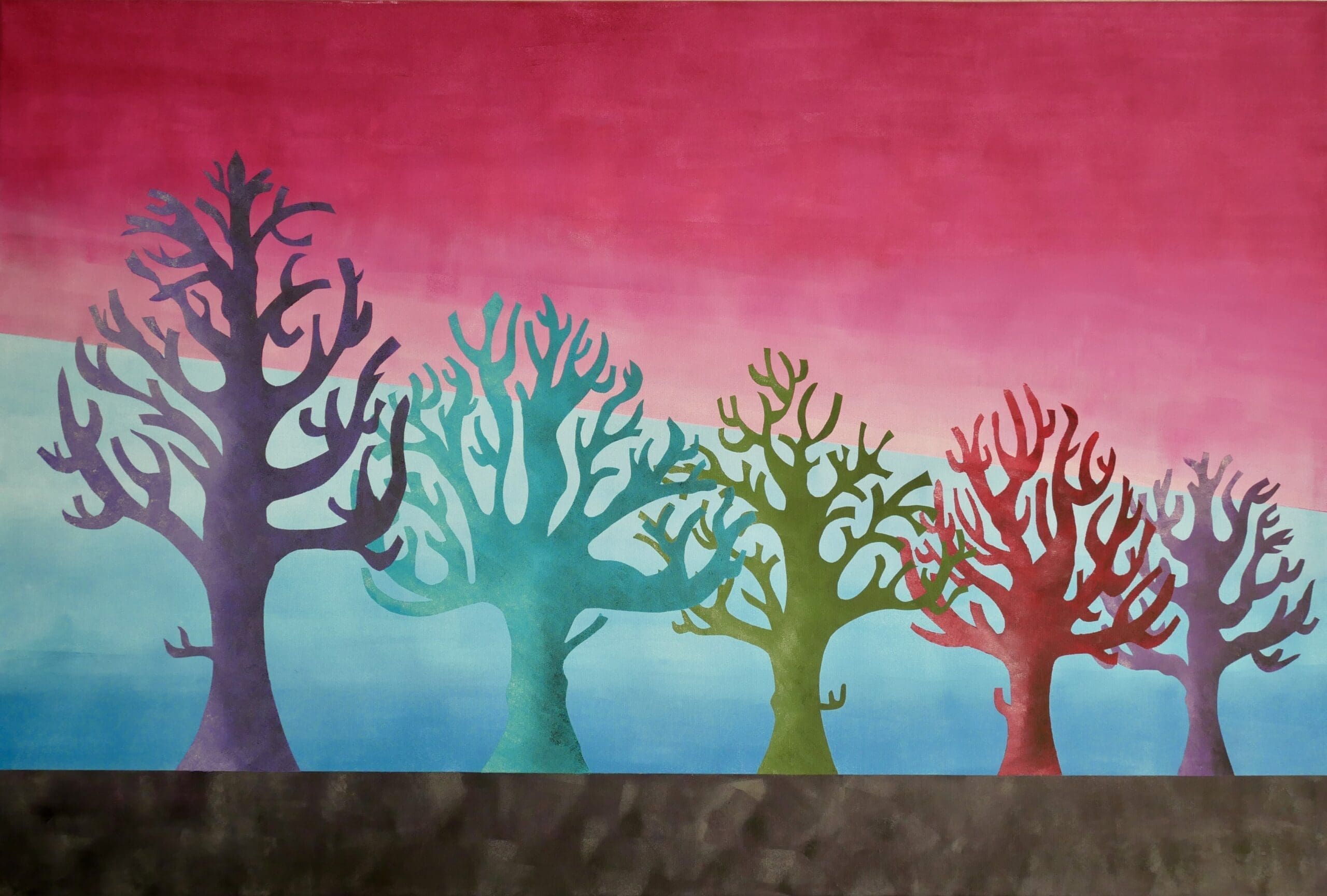 Trees, 
Acrylic paint and markers on linen (80cm x 120cm)