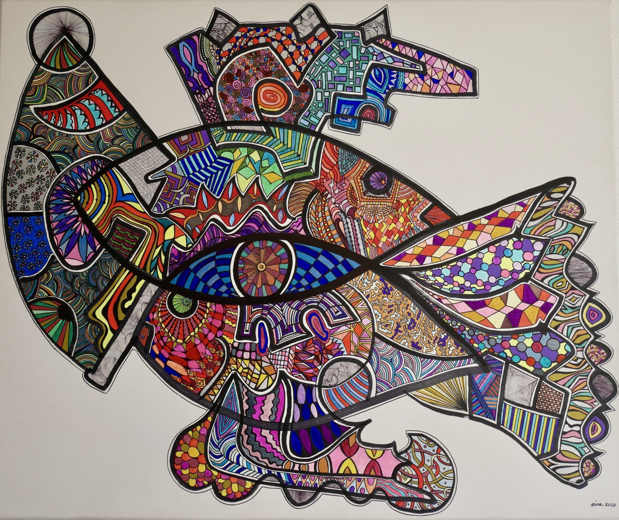 Fishes,
Acrylic paint and markers on cotton (100cm x 120cm)