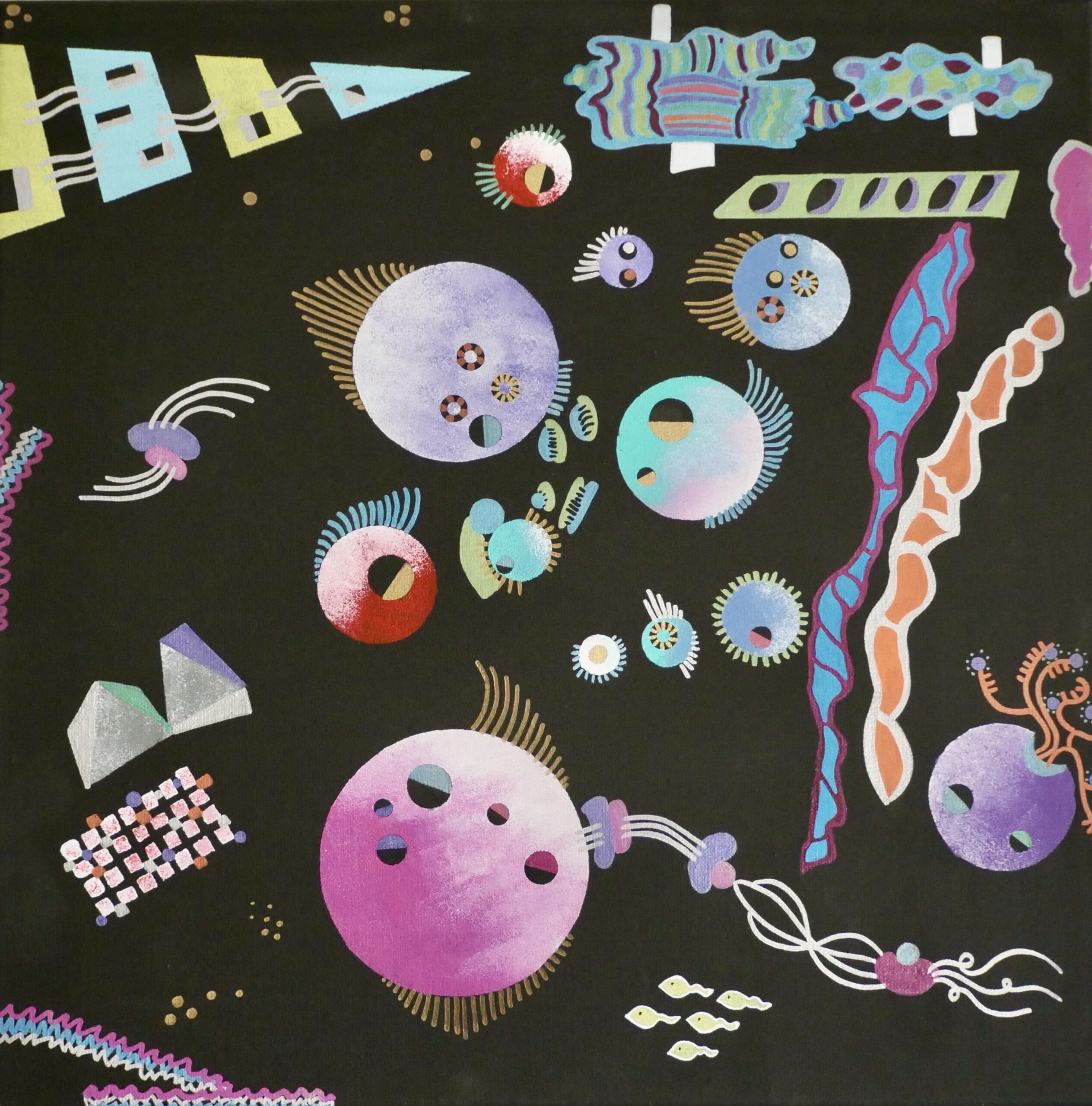 Underwater planets, 
Acrylic paint and markers on cotton (50cm x 50cm)