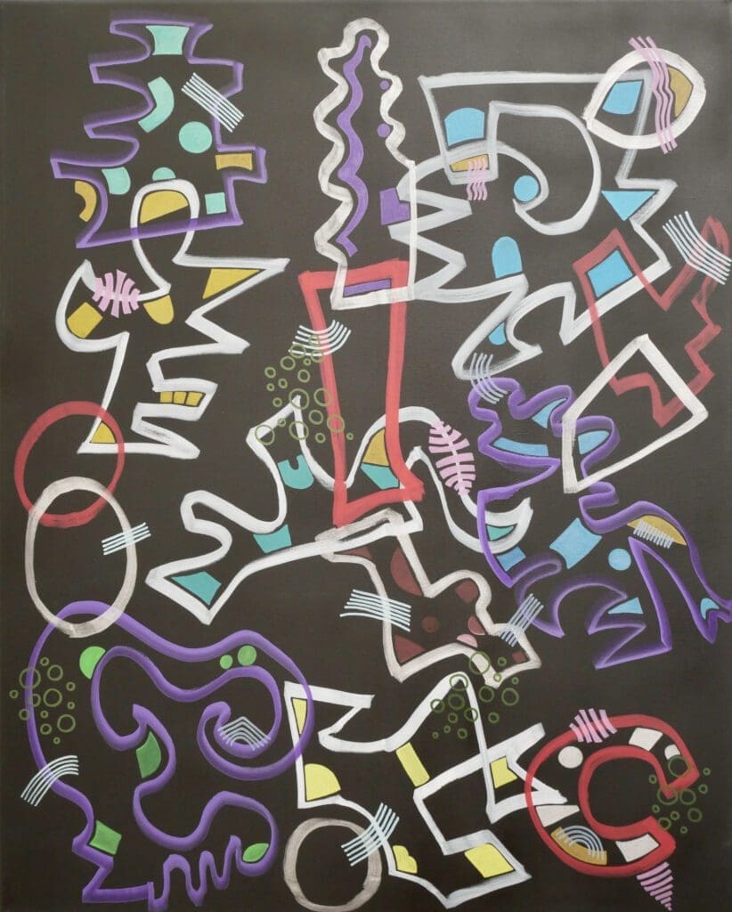 White and purple lines, 
Acrylic paint and markers on cotton (100cm x 80cm)